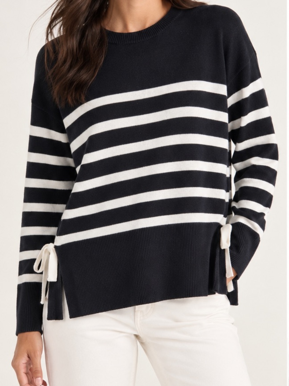kate spade Black & White Striped Side-Bow Crewneck Sweater M